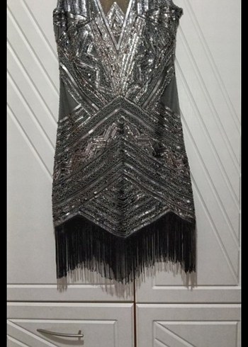 Gri Desenli Mini boncuk işlemeli Abiye Elbise - Görsel 2