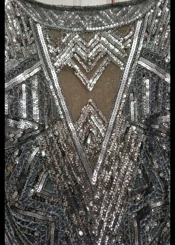 Gri Desenli Mini boncuk işlemeli Abiye Elbise - Görsel 4