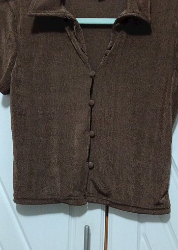 Düğmeli Kahverengi Kadın kısa kol gömlek - Görsel 2