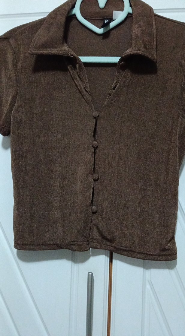 Düğmeli Kahverengi Kadın kısa kol gömlek - Görsel 2