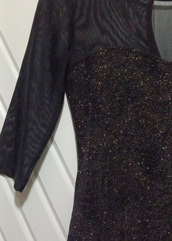 Parlak  Siyah Midi Elbise - Görsel 3