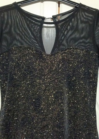 Parlak  Siyah Midi Elbise - Görsel 2