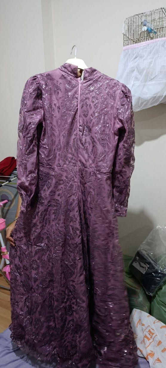 Mor Uzun Kollu Bohem Vintage Elbise - Görsel 4