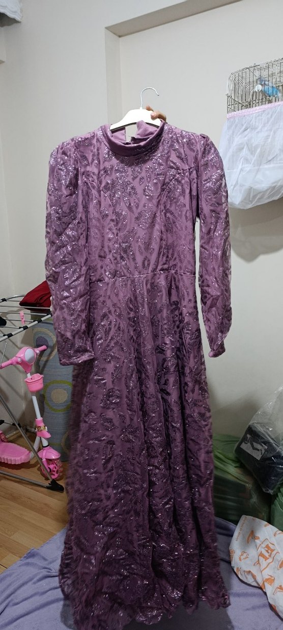 Mor Uzun Kollu Bohem Vintage Elbise - Görsel 2