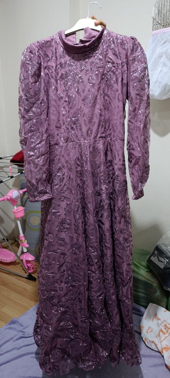 Mor Uzun Kollu Bohem Vintage Elbise - Görsel 3