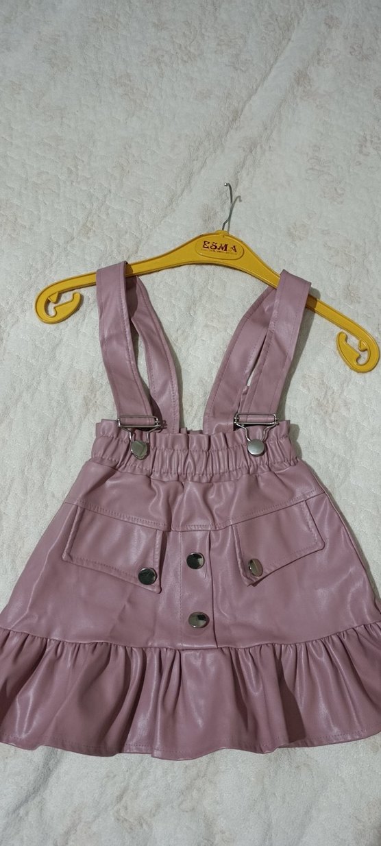 Düğmeli Pembe Deri Kız Elbise - Görsel 2
