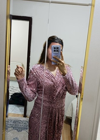 Pembe Parlak Uzun Abiye Elbise - Görsel 2
