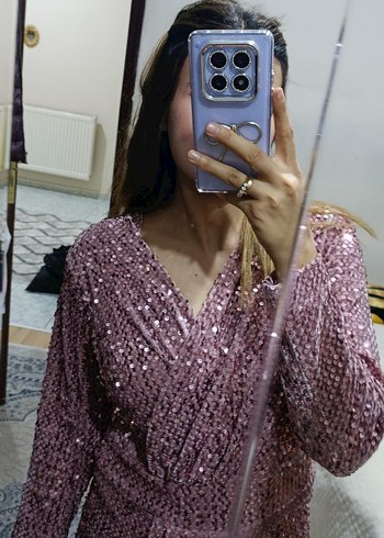 Pembe Parlak Uzun Abiye Elbise - Görsel 4