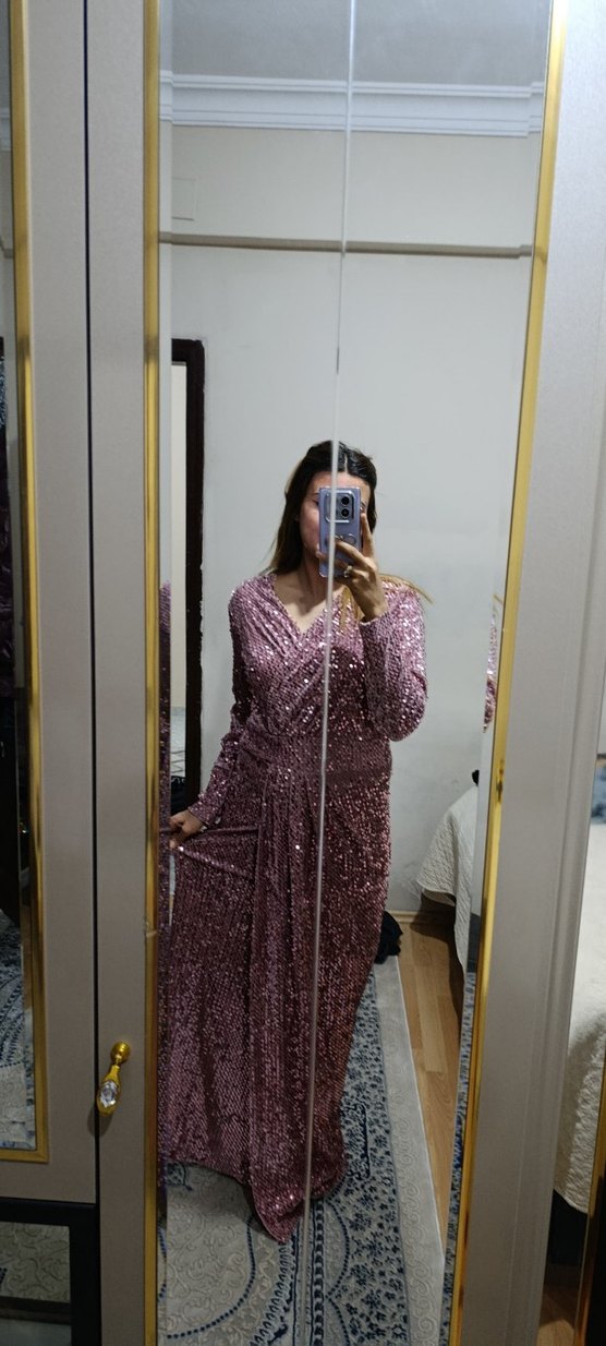 Pembe Parlak Uzun Abiye Elbise - Görsel 3