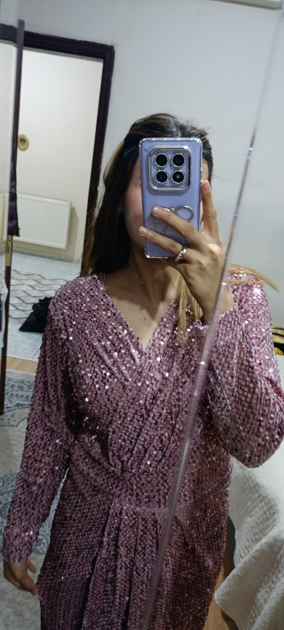 Pembe Parlak Uzun Abiye Elbise - Görsel 4