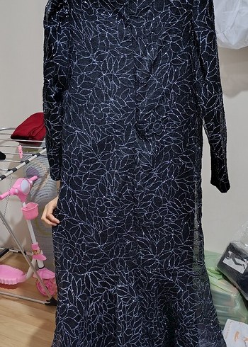 Uzun Kollu Siyah Desenli Kadın Abiye Elbise - Görsel 3