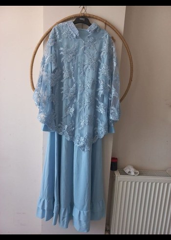 Kadın Mavi Dantel İşlemeli Uzun Kollu Uzun Abiye - Görsel 2