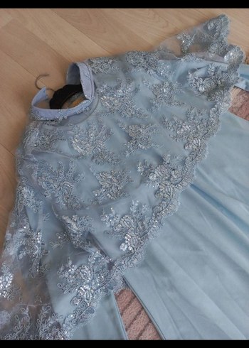 Kadın Mavi Dantel İşlemeli Uzun Kollu Uzun Abiye - Görsel 4