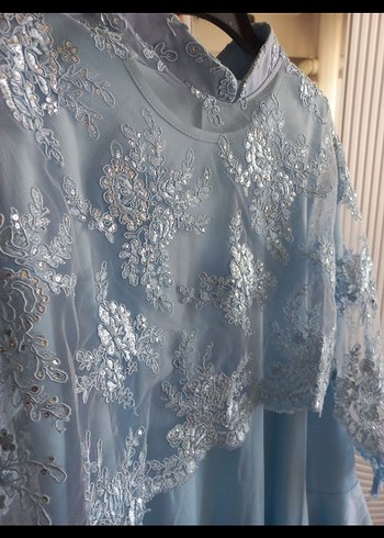 Kadın Mavi Dantel İşlemeli Uzun Kollu Uzun Abiye - Görsel 3