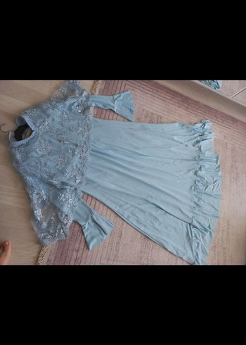 Kadın Mavi Dantel İşlemeli Uzun Kollu Uzun Abiye - Görsel 5