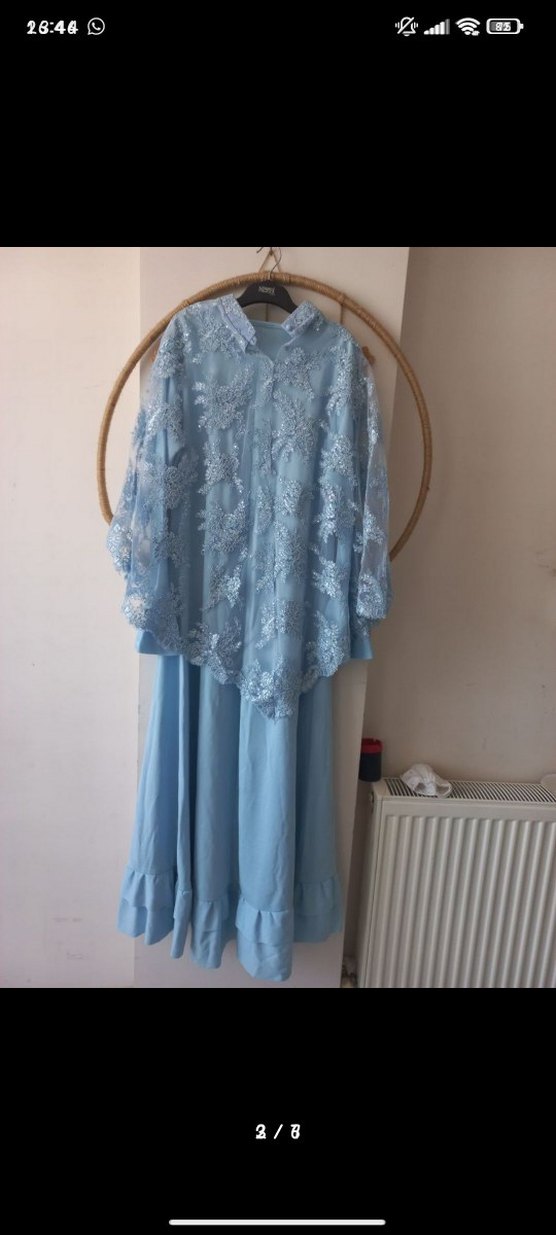 Kadın Mavi Dantel İşlemeli Uzun Kollu Uzun Abiye - Görsel 2