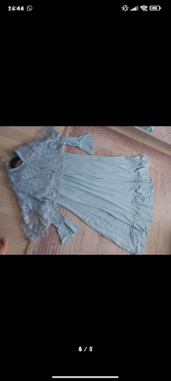 Kadın Mavi Dantel İşlemeli Uzun Kollu Uzun Abiye - Görsel 5