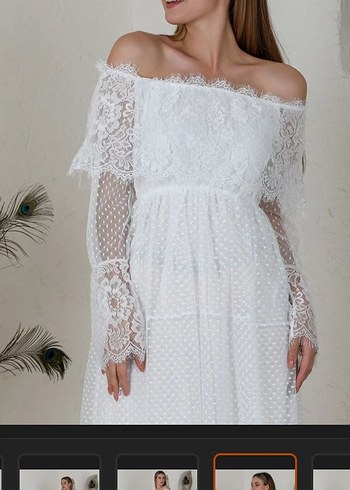 Kadın Beyaz Madonna Yaka Dantel Uzun Elbise - Görsel 2