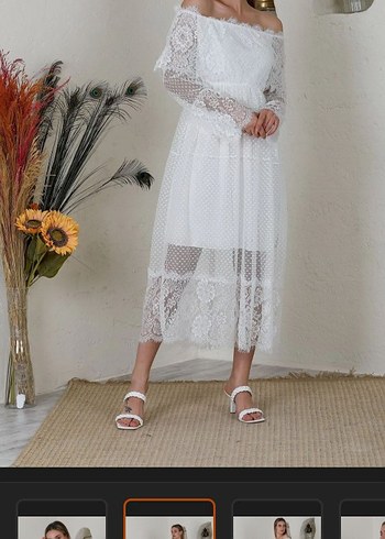 Kadın Beyaz Madonna Yaka Dantel Uzun Elbise - Görsel 3