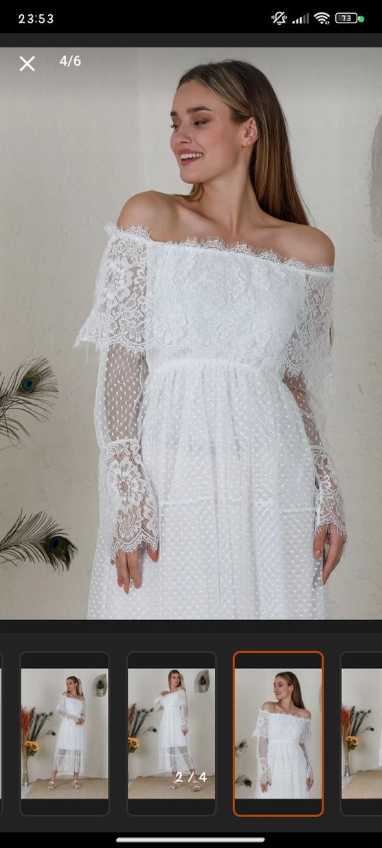 Kadın Beyaz Madonna Yaka Dantel Uzun Elbise - Görsel 2