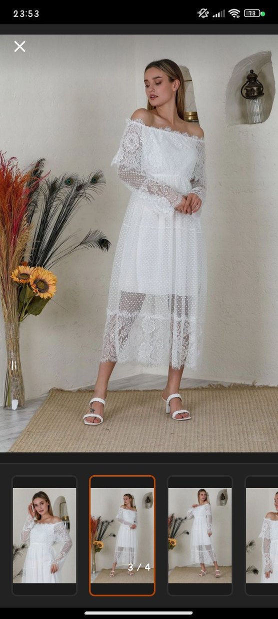 Kadın Beyaz Madonna Yaka Dantel Uzun Elbise - Görsel 3