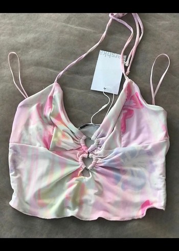 Pembe Pastel Batik Desenli Drapeli Mini Büstiyer