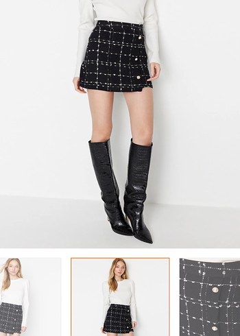 Düğmeli Siyah Beyaz Kareli Mini Etek - Görsel 3