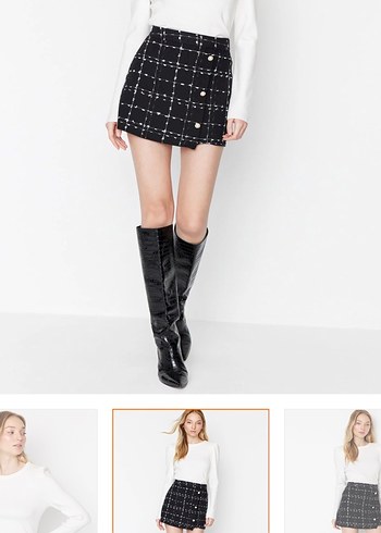 Düğmeli Siyah Beyaz Kareli Mini Etek - Görsel 2