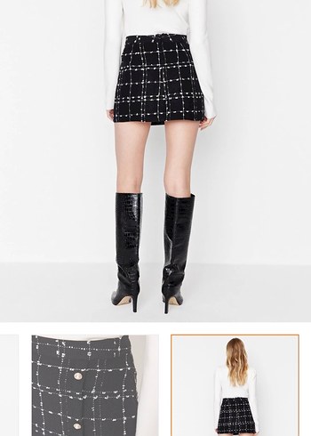 Düğmeli Siyah Beyaz Kareli Mini Etek - Görsel 5