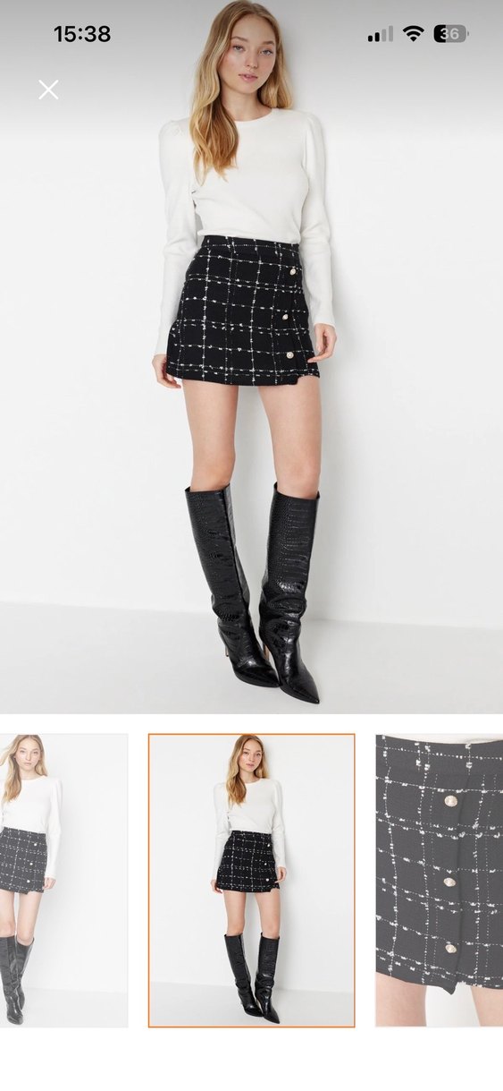 Düğmeli Siyah Beyaz Kareli Mini Etek - Görsel 3