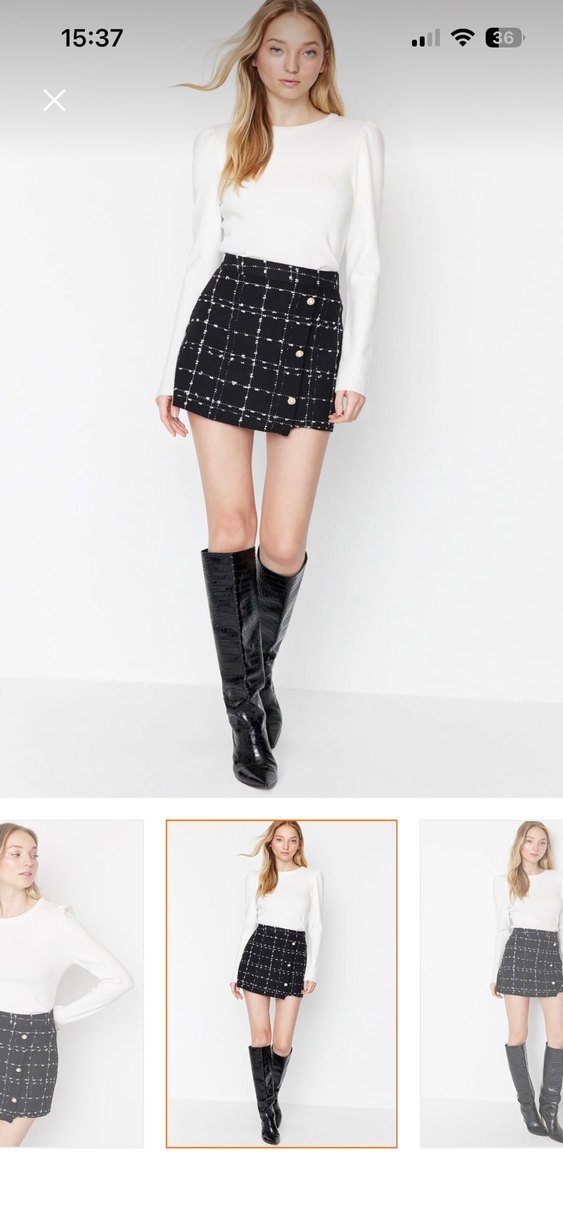 Düğmeli Siyah Beyaz Kareli Mini Etek - Görsel 2