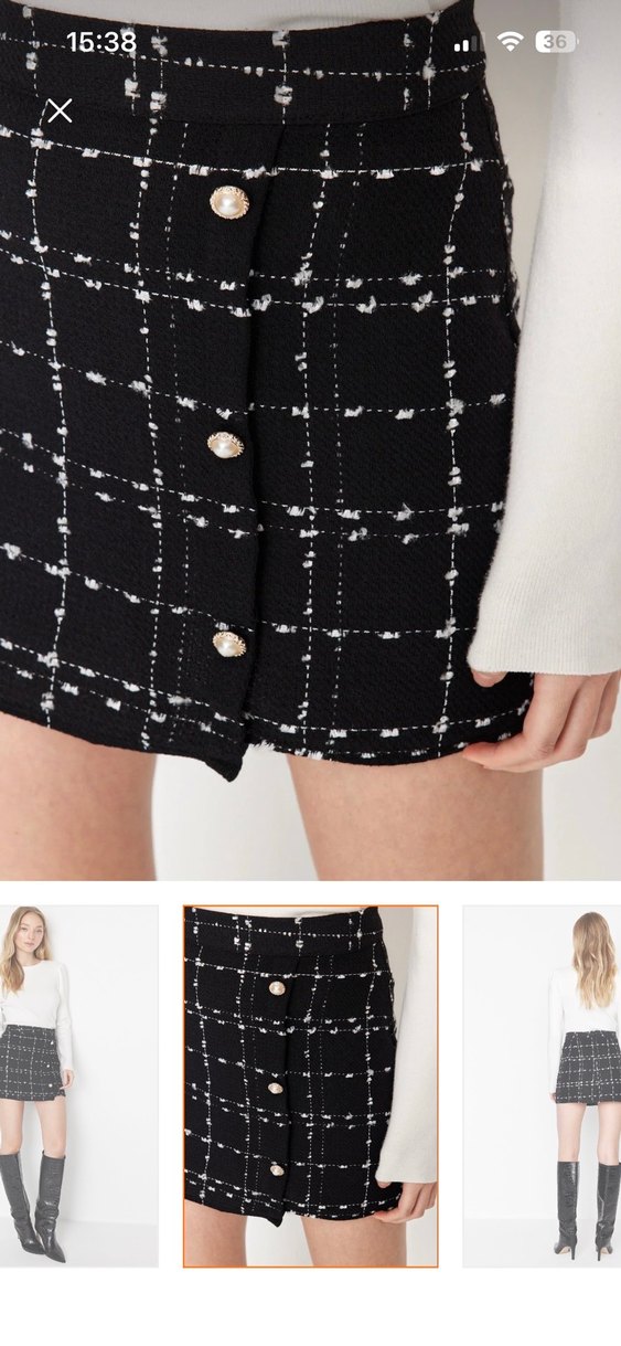 Düğmeli Siyah Beyaz Kareli Mini Etek - Görsel 4