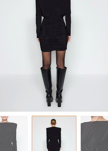 Siyah Deri Mini Elbise, Uzun Kollu, Kemerli - Görsel 4