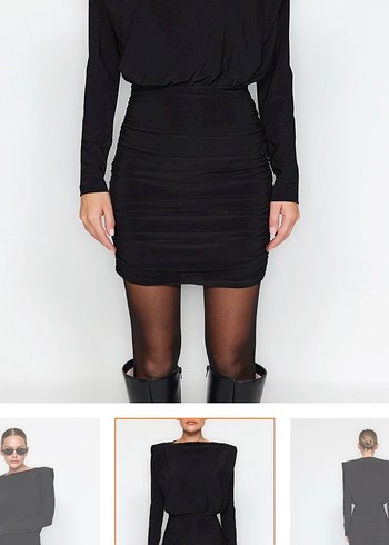 Siyah Deri Mini Elbise, Uzun Kollu, Kemerli - Görsel 3