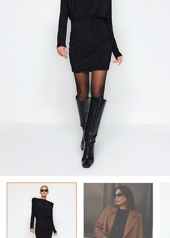 Siyah Deri Mini Elbise, Uzun Kollu, Kemerli - Görsel 8