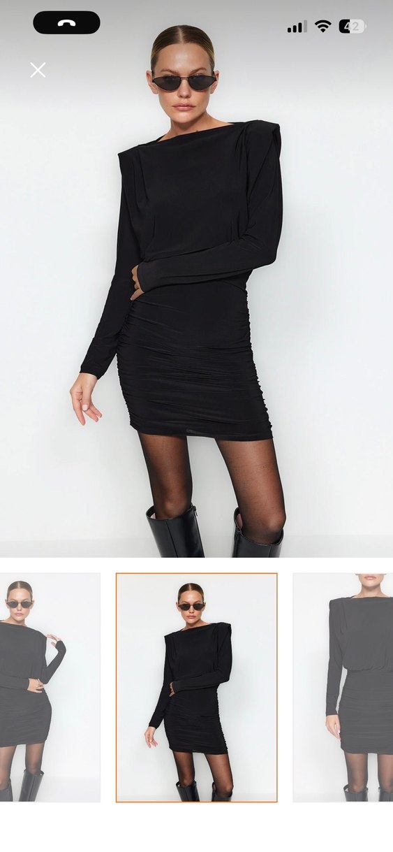 Siyah Deri Mini Elbise, Uzun Kollu, Kemerli - Görsel 2