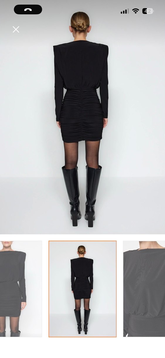 Siyah Deri Mini Elbise, Uzun Kollu, Kemerli - Görsel 4