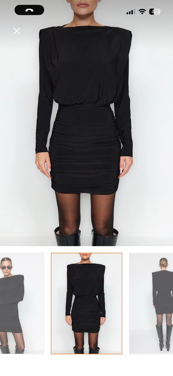 Siyah Deri Mini Elbise, Uzun Kollu, Kemerli - Görsel 3