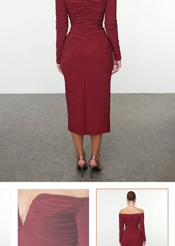 Bordo Midi Kalem Elbise Drapeli - Görsel 4