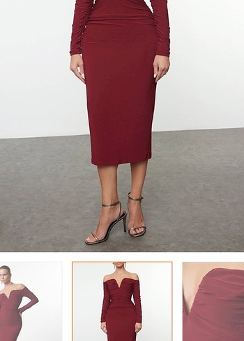 Bordo Midi Kalem Elbise Drapeli - Görsel 2
