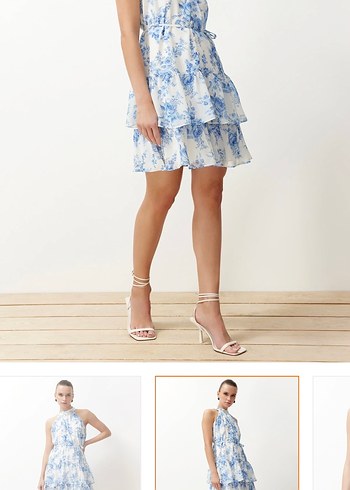 Mavi Desenli Mini Volanlı Elbise - Görsel 3