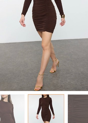 Kahverengi Drapeli Kadın Mini Elbise - Görsel 2