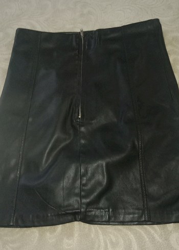 Siyah Deri Mini Etek Fermuarlı - Görsel 2