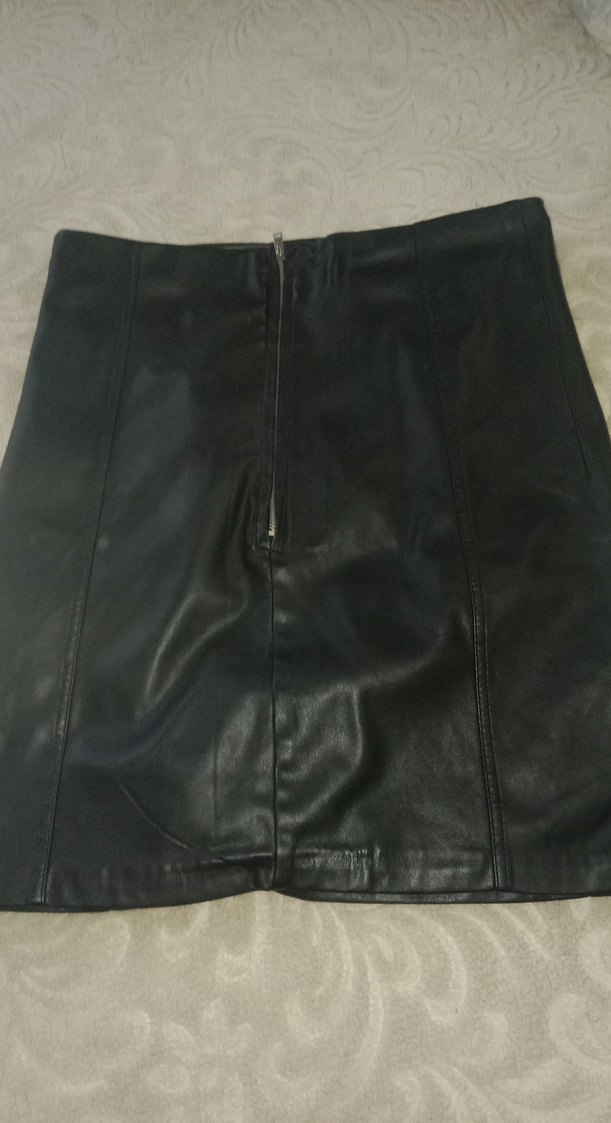 Siyah Deri Mini Etek Fermuarlı - Görsel 2