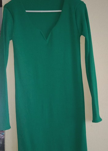 Yeşil V Yakalı Uzun Kollu Triko Elbise - Görsel 2