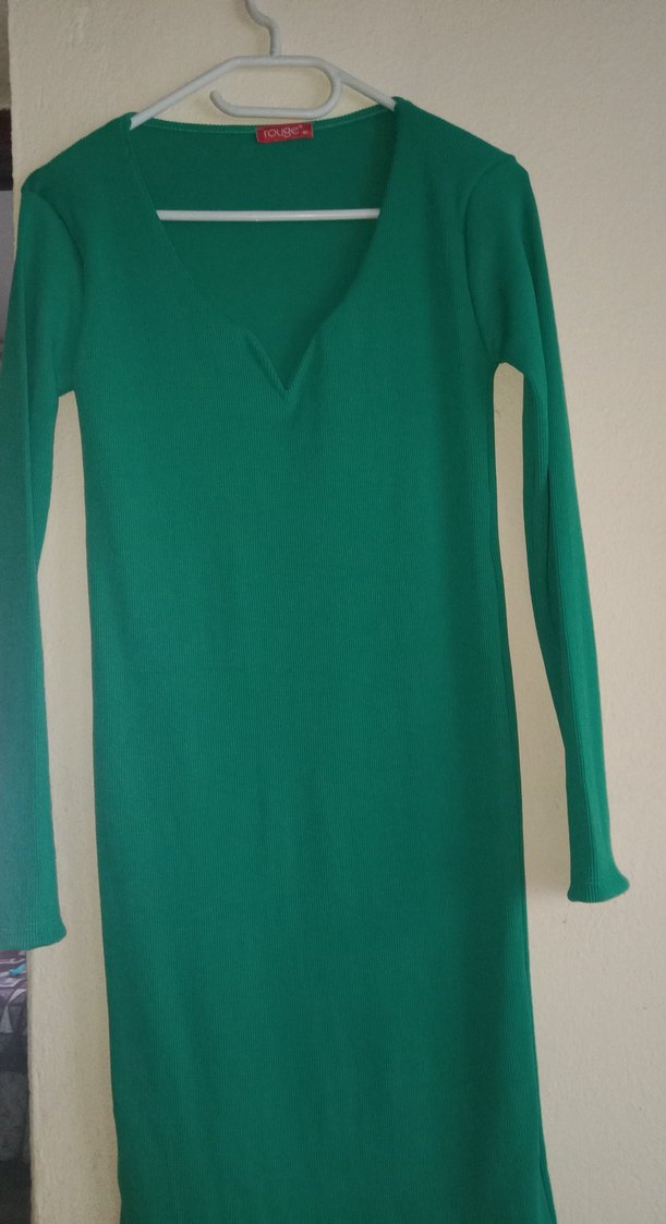 Yeşil V Yakalı Uzun Kollu Triko Elbise - Görsel 2