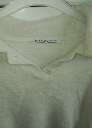 Düğmeli Beyaz Kadın Kısa Kollu Pamuklu Kazak - Görsel 2