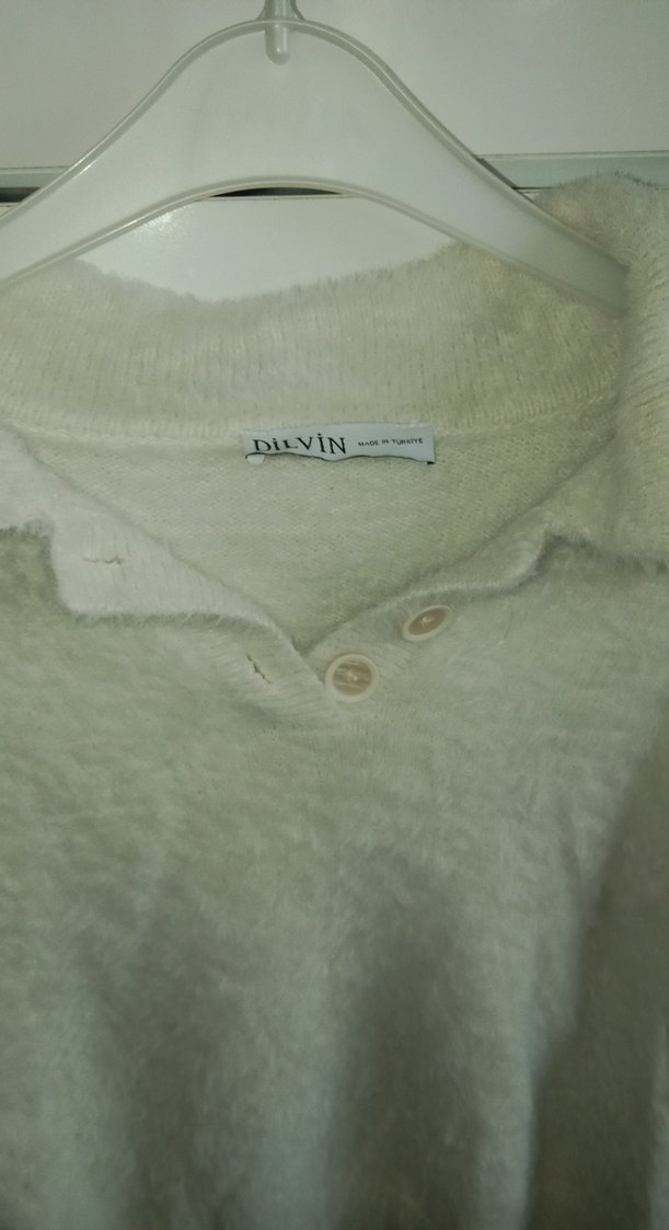 Düğmeli Beyaz Kadın Kısa Kollu Pamuklu Kazak - Görsel 2