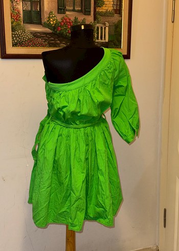 Yeşil Asimetrik Tek Kollu Mini Bohem Elbise - Görsel 2