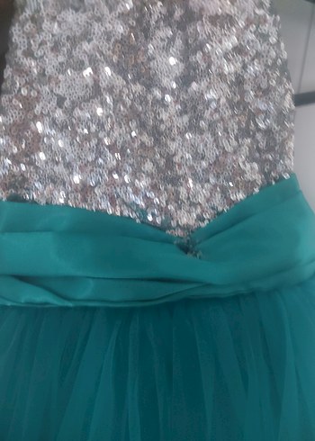 Parlak Turkuaz Payetli Kolsuz Kız Elbisesi - Görsel 3